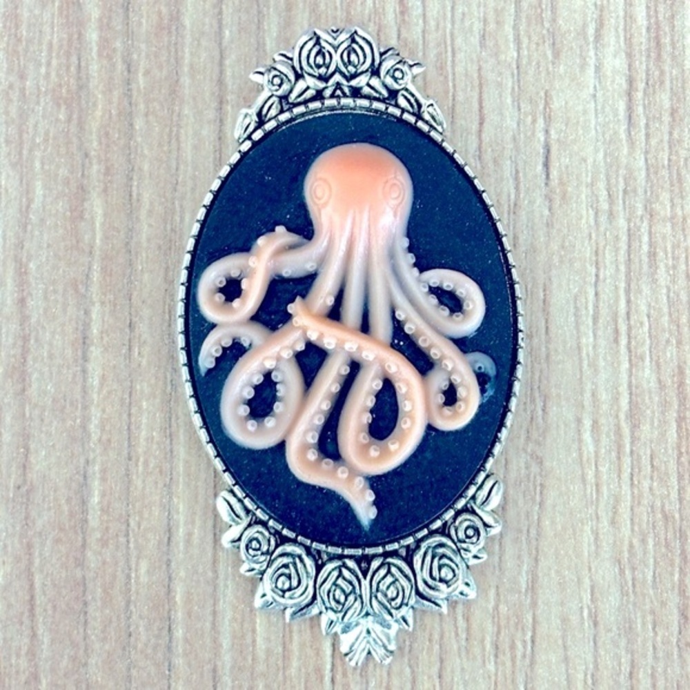 Black and Pink Octopus Victorian Style Handmade Brooch, NWT